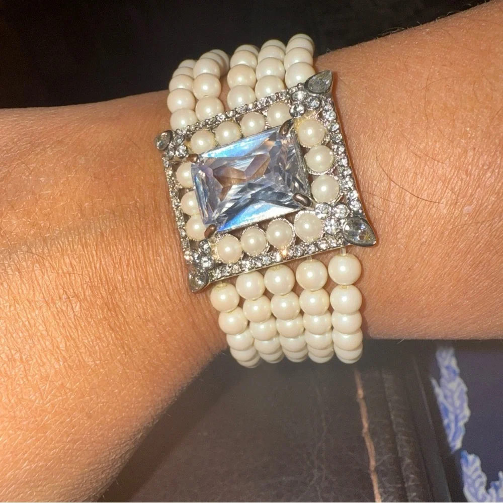 Carolee 5 Stranded Tiny Faux Pearl & Stone Stretch Bracelet- Silver Tone